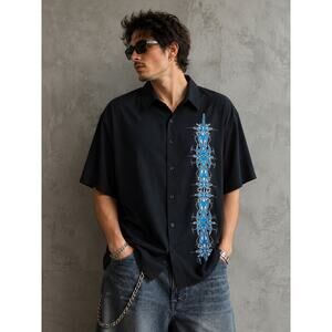 Dragonfly XXL Black Tribal Graphic Button Up Shirt Y2K Mall Goth Punk Skater